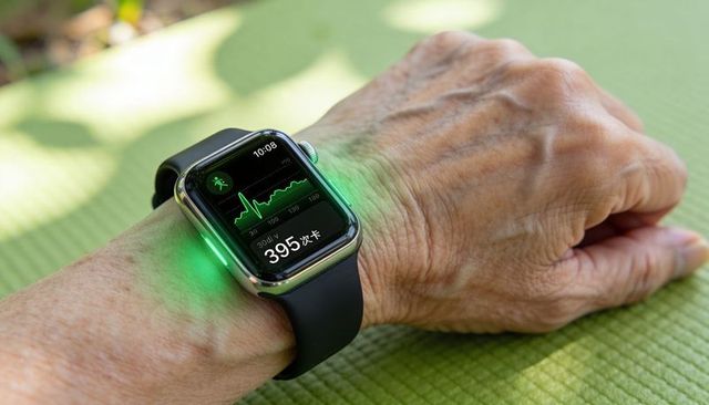 Senior wearing smartwatch monitoring heart rate and ecg graph on wrist during rest