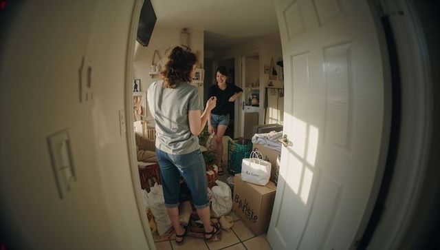 Roommates unpacking and organizing boxes in sunlit hallway, moving day clutter and joy