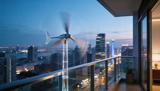 Spinning micro wind turbine on high-rise balcony over waterfront city skyline at twilight