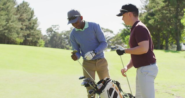 Image of diverse male friends preparing golf clubs for paying on golf field. sporty, active lifestyle and playing golf concept.