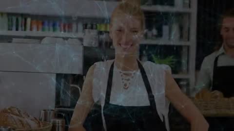 Smiling Bakery Clerk with Bread in Modern Cozy Shop