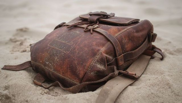 Worn leather backpack resting on sandy beach with weathered buckles and straps