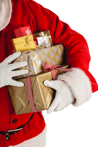 Transparent Midsection of Santa Claus Holding Wrapped Gifts