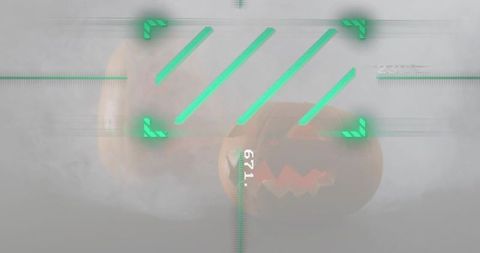 Foggy jack-o'-lanterns with neon green hud overlay and glowing carved faces