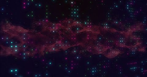 Crimson mesh ribbon flowing through neon particle field with glowing nodes and wireframe