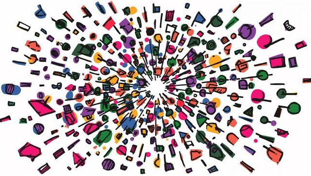Radial burst of colorful hand-drawn geometric shapes radiating from central void