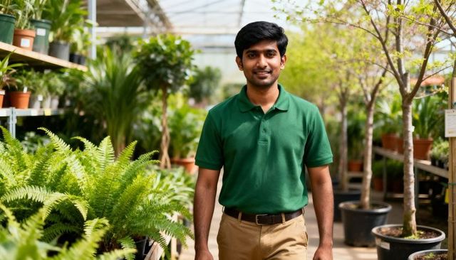 Nursery worker walking down greenhouse aisle surrounded by lush potted plants