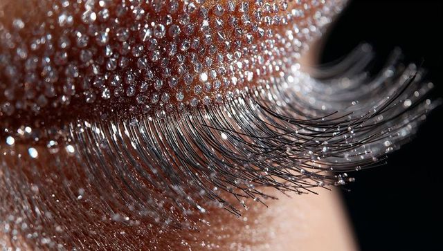 Glittering dew-kissed eyelid catching water droplets on curled lashes, macro beauty