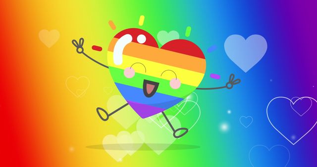 Image depicts a vibrant, colorful rainbow heart with a smiling face, set against a playful rainbow background. This conveys themes of joy, inclusivity, and diversity, making it ideal for celebrating Pride Month and promoting LGBTQ rights and equality. Useful for social media posts, posters, greeting cards, and advocacy materials promoting acceptance and love.