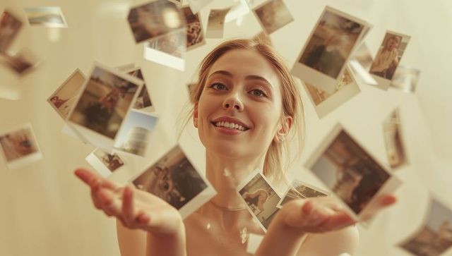 Joyful Woman Surrounded by Floating Instant Photos