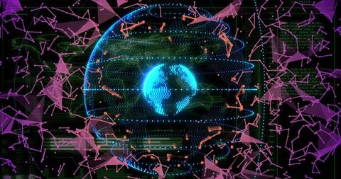 Rotating holographic globe data rings network nodes visualizing global connectivity