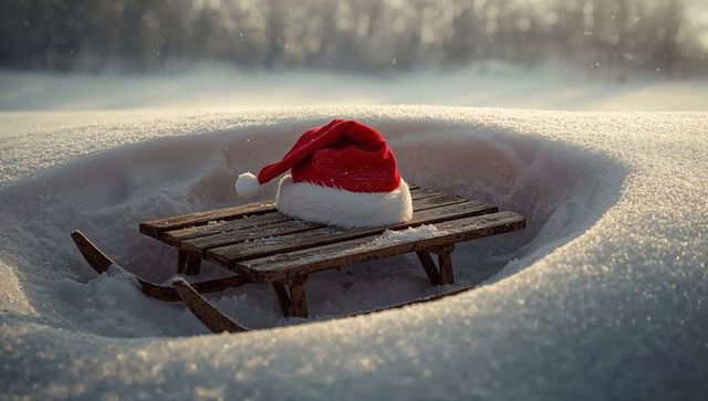 Santa hat resting on frosty vintage wooden sled nestled in sunlit snow hollow