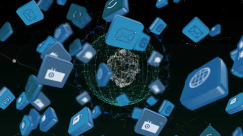 Floating Digital Icons Representing Global Communication