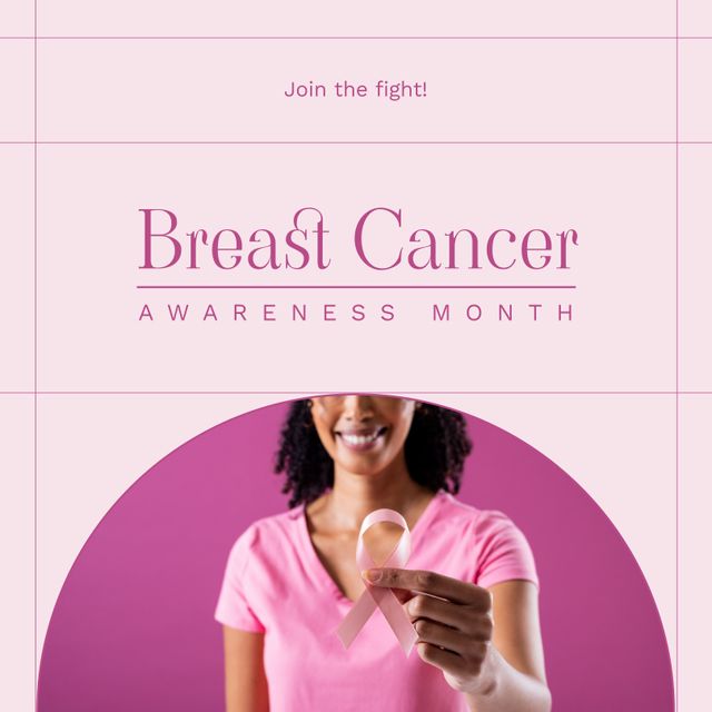 Breast Cancer Awareness Month with Smiling Woman Holding Pink Ribbon - Download Free Stock Templates Pikwizard.com