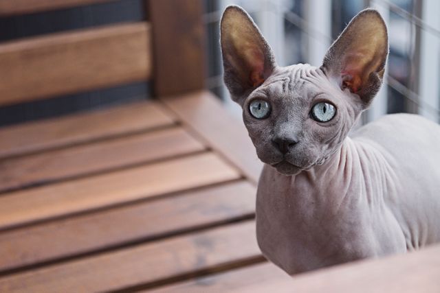 Hairless Sphynx cat with striking blue eyes is sitting on a wooden bench. This scene can be used for pet genre advertising, articles on unique cat breeds, and promotion of animal welfare campaigns.