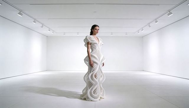 Futuristic 3d-printed sculptural couture gown on model in minimal monochrome gallery