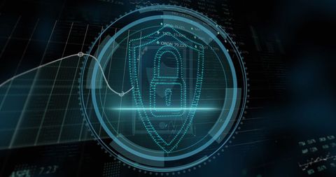 Digital padlock over financial data chart background