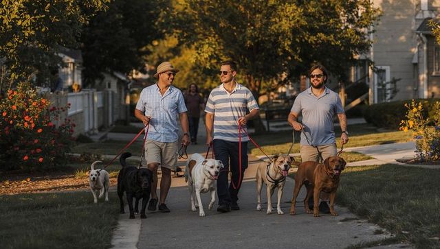 Three men walking five dogs along suburban sidewalk during golden hour