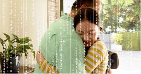 Mature asian man and woman hugging at home entrance with backpack and binary code overlay