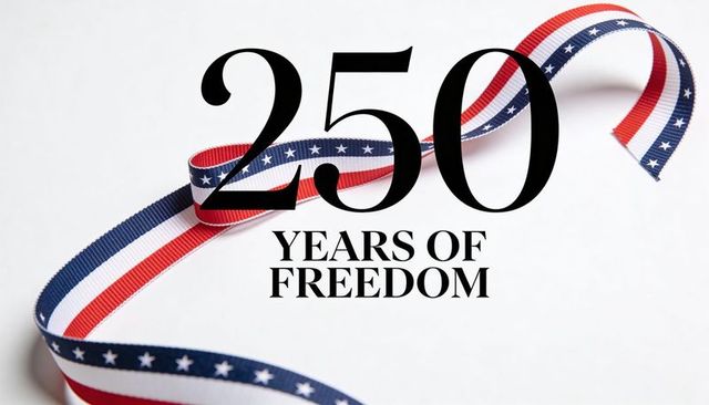 Celebrating 250 years of freedom with patriotic red white blue ribbon and bold typography