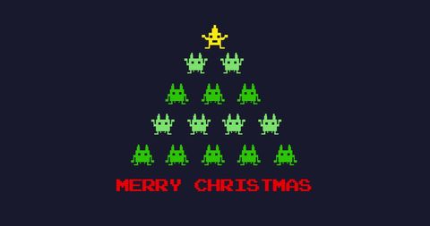 Retro Digital Christmas Tree with Festive Message on Grey Background