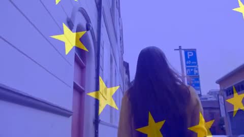 Stylish Woman in Urban Setting with EU Theme Overlay