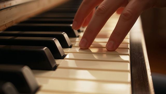 Closeup pianist fingers playing glossy ivory and ebony keys with warm wood rim reflections