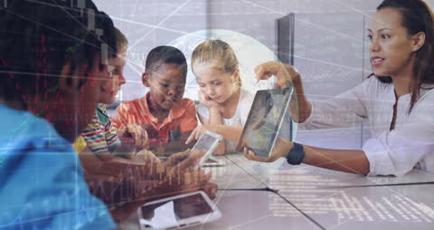 Diverse School Kids Learning Technology with Teacher