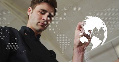 Chef sprinkling seasoning with dotted world map and globe overlay for global cuisine branding