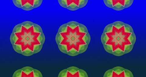 Bright Kaleidoscope Shapes on Gradient Blue Background