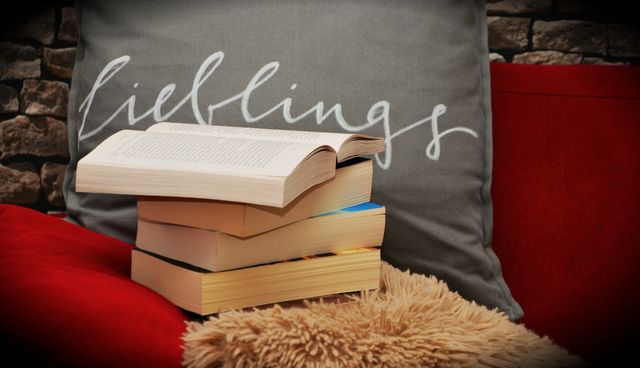 Stack of books placed on a comfortable couch with a 'Lieblings' pillow and a fluffy blanket. Perfect for depicting themes of relaxation, comfort at home, study environments, or leisure activities. Can be used for content related to reading, learning, lazy weekends, or home decor ideas.