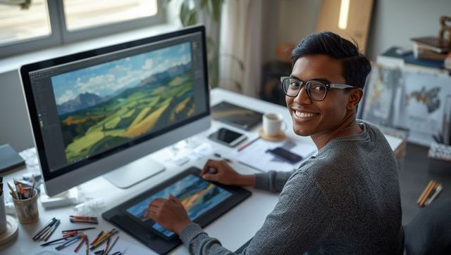 Smiling digital artist creating on pen display tablet at home office