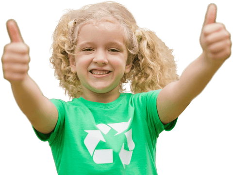 Happy Child Giving Thumbs Up in Green with Recycling Symbol