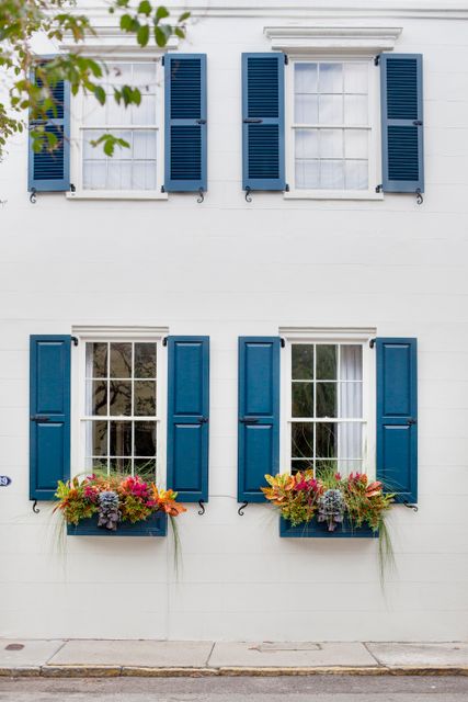 Charming White House with Blue Shutters and Vibrant Window Boxes - Download Free Stock Photos Pikwizard.com