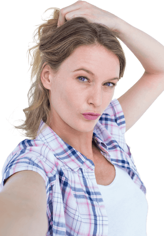 Young Woman Striking Pose with Hand in Hair on Transparent Background