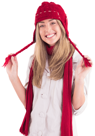 Smiling Woman Wearing Red Winter Hat Against Transparent Background