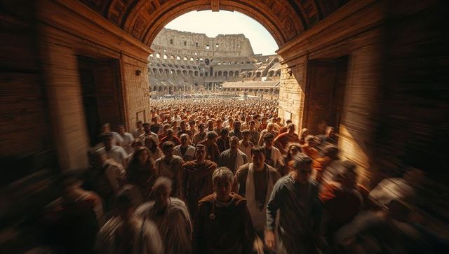 Massive crowd entering sunlit roman colosseum through ancient stone arch