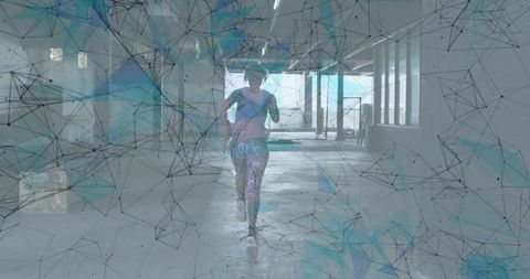 Woman Running Through Digital Connections Network