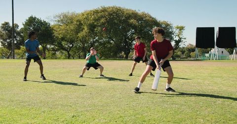 Male friends playing casual cricket match on sunny park field showing teamwork