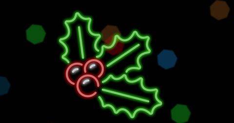 Neon Christmas Holly with Festive Lights on Black Background