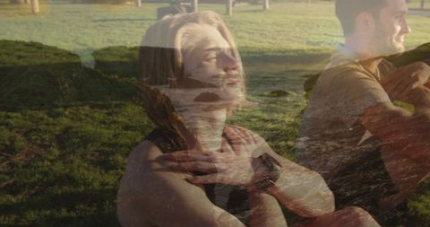 Dual Exposure Friends Meditating Outdoors with Ocean Waves