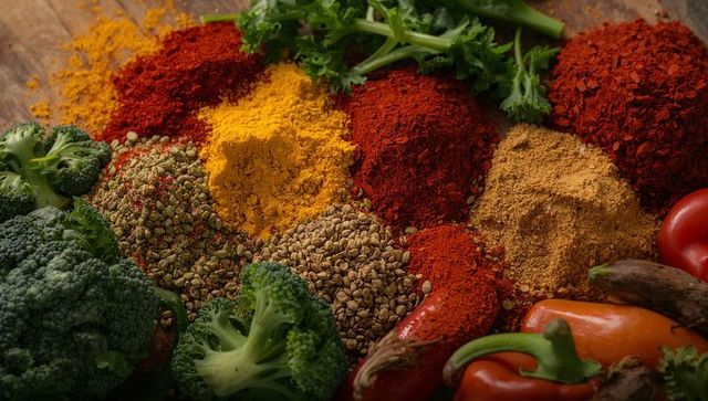 Vibrant spice piles with broccoli and peppers on rustic wooden board culinary still life
