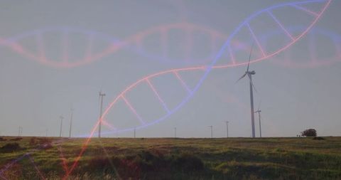 Wind Turbine Rotating with DNA Helix Overlay Visualizing Renewable Energy Biotech Future