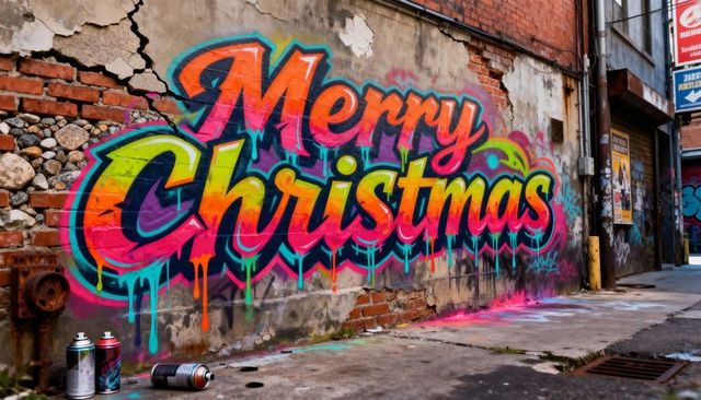 Neon Merry Christmas Graffiti Mural on Weathered Brick Wall in Urban Alley