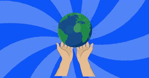 Hands sustainably supporting earth on blue spiral background