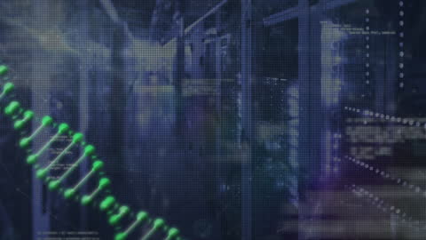 Digital DNA Strand Over Server Room with Data Graphical Interface