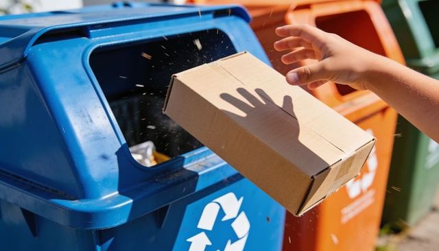 Hand dropping cardboard parcel into blue recycling bin sunlight curbside recycling action