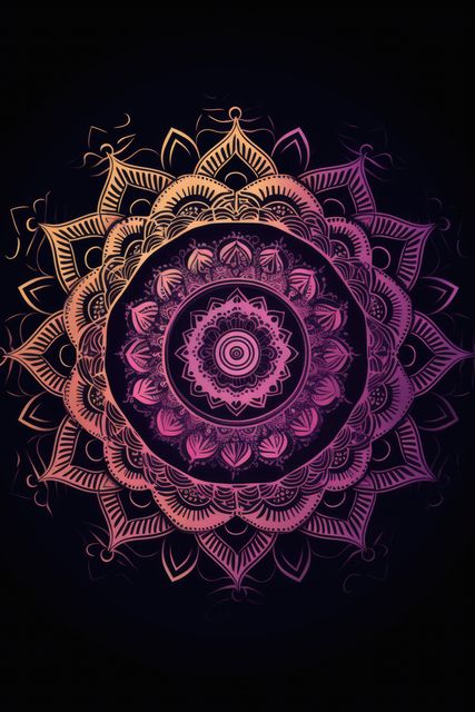 Purple and yellow mandala design on black background, created using generative ai technology. Colour, pattern, design, symbol and spirituality concept digitally generated image.