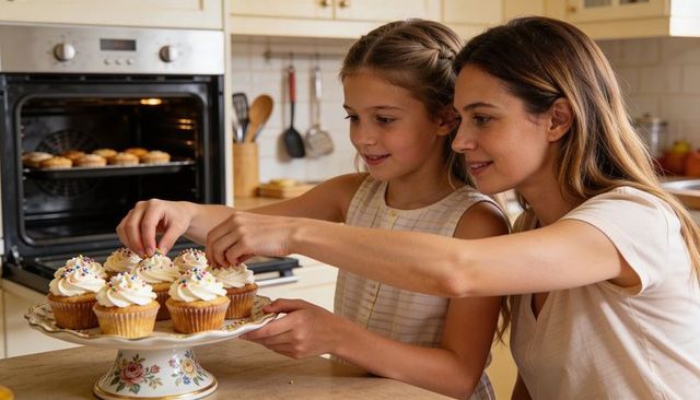 Mother and daughter decorating frosted cupcakes together in cozy home kitchen