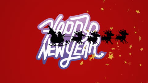 Santa Sleigh and Reindeer with Happy New Year Text on Red Background